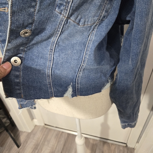 Ashley Stewart Cropped Distressed Denim Jacket Lace Up Detail In Back Sz 18/20 - Picture 6 of 11